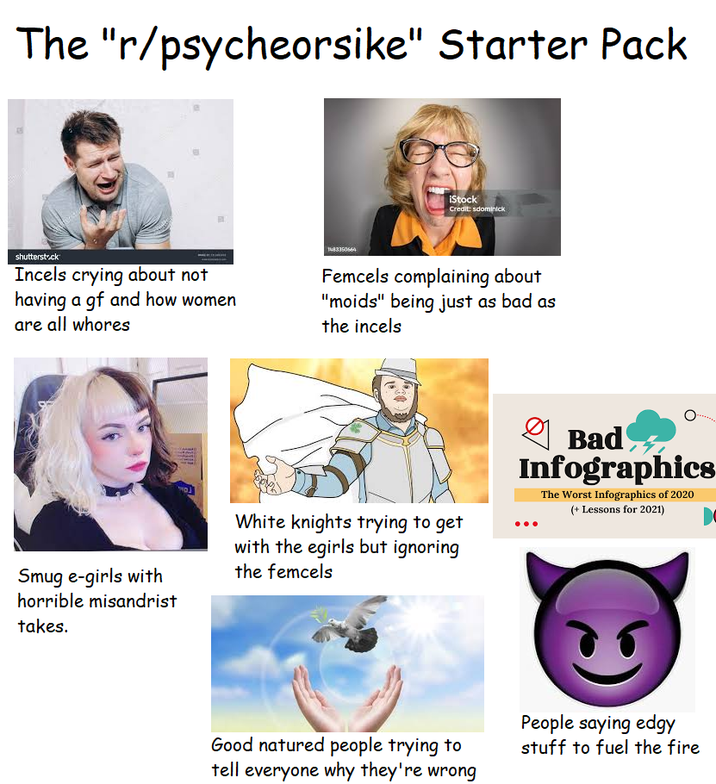 The "r/psycheorsike" Starter Pack 1483350664 iStock Credit: sdominick shutterstock Incels crying about not having a gf and how women are all w----- Femcels complaining about "moids" being just as bad as the incels Smug e-girls with horrible misandrist takes. White knights trying to get with the egirls but ignoring the femcels Bad Infographics The Worst Infographics of 2020 (+ Lessons for 2021) Good natured people trying to tell everyone why they're wrong People saying edgy stuff to fuel the fire