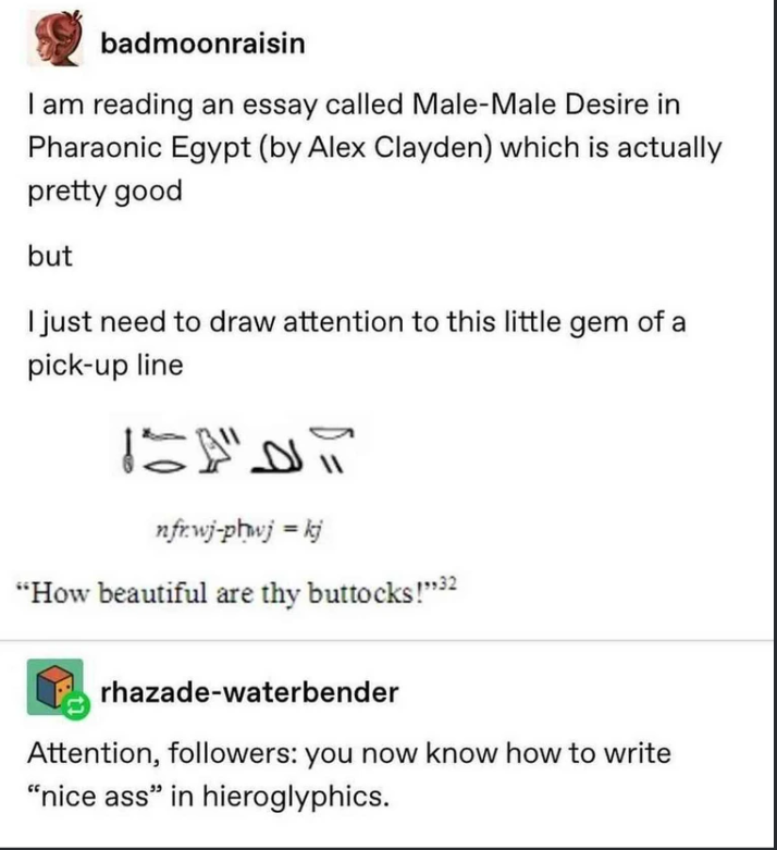 badmoonraisin I am reading an essay called Male-Male Desire in Pharaonic Egypt (by Alex Clayden) which is actually pretty good but I just need to draw attention to this little gem of a pick-up line nfr.wj-phwj = kj "How beautiful are thy buttocks!"32 rhazade-waterbender Attention, followers: you now know how to write "nice ass" in hieroglyphics.