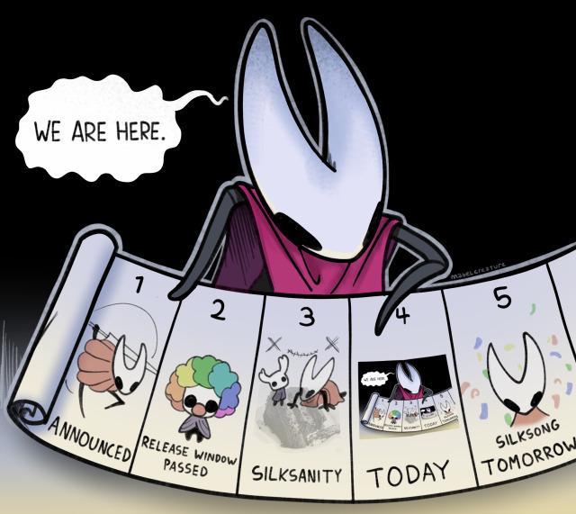 WE ARE HERE. 1 2 3 4 mabel creature 5 ANNOUNCED RELEASE WINDOW PASSED SILKSANITY TODAY SILKSONG TOMORROW