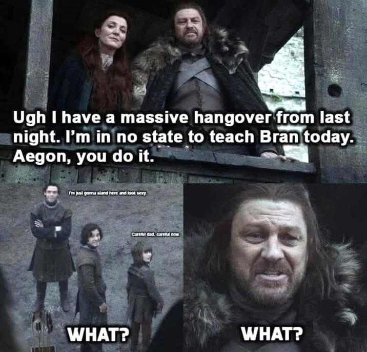 Ugh I have a massive hangover from last night. I'm in no state to teach Bran today. Aegon, you do it. I'm just gonna stand here and look sexy Careful dad, careful now. WHAT? WHAT?