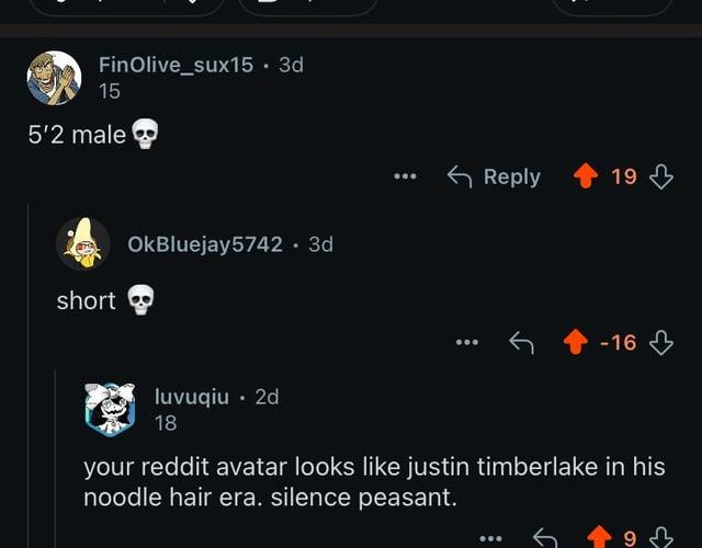 FinOlive_sux15. 3d 15 5'2 male short OkBluejay5742 • 3d luvuqiu. 2d 18 Reply 19 -16 your reddit avatar looks like justin timberlake in his noodle hair era. silence peasant. 9、,