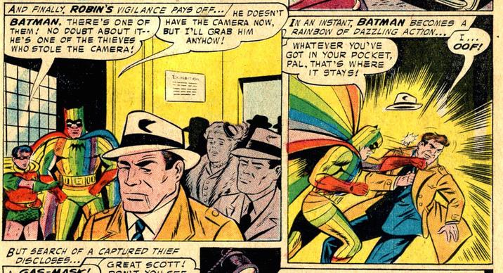 Batman Wearing Rainbow Batsuit in Detective Comics 241 A cropping of Detective Comics 241. The crop shows Batman in his rainbow batsuit.