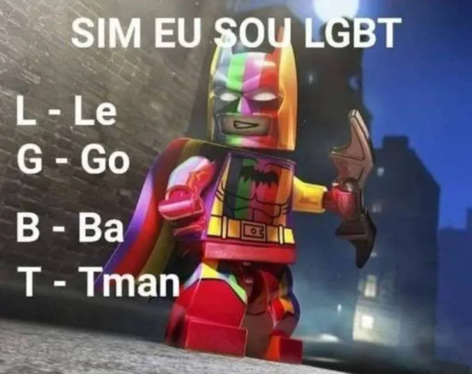 SIM EU SOU LGBT A Lego Batman rainbow suit meme. The meme shares an anagram.