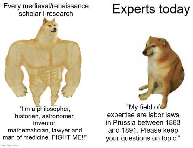 Every medieval/renaissance scholar I research Experts today "I'm a philosopher, historian, astronomer, inventor, mathematician, lawyer and man of medicine. FIGHT ME!!" imgflip.com "My field of expertise are labor laws in Prussia between 1883 and 1891. Please keep your questions on topic."