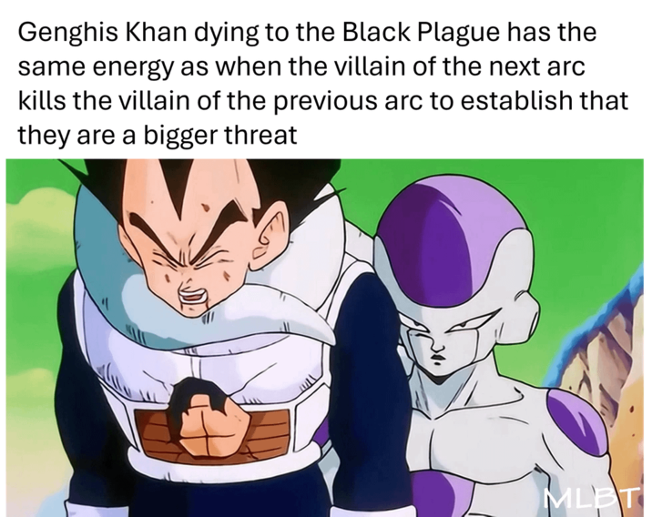 Genghis Khan dying to the Black Plague has the same energy as when the villain of the next arc kills the villain of the previous arc to establish that they are a bigger threat MLBT