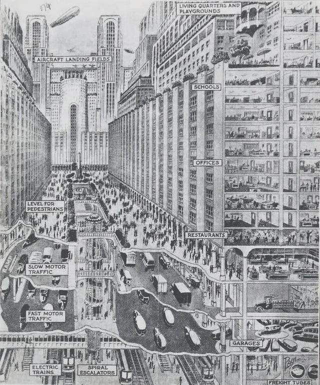 RAMP 574 AIRCRAFT LANDING FIELDS LEVEL FOR PEDESTRIANS SLOW MOTOR TRAFFIC FAST MOTOR TRAFFIC ELECTRIC TRAINS SPIRAL ESCALATORS LIVING QUARTERS AND PLAYGROUNDS FOR HER BE LESEN BAKEL SCHOOLS OFFICES RESTAURANTS GARAGES FREIGHT TUBES