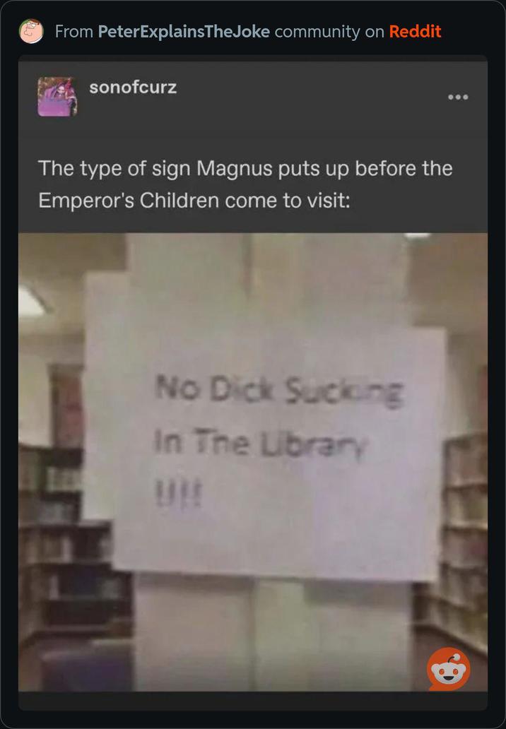 From PeterExplainsTheJoke community on Reddit sonofcurz The type of sign Magnus puts up before the Emperor's Children come to visit: No D--- Sucking In The Library