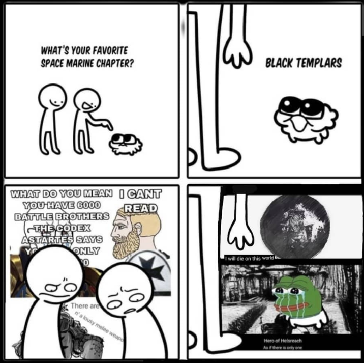 WHAT'S YOUR FAVORITE SPACE MARINE CHAPTER? it. BLACK TEMPLARS READ WHAT DO YOU MEAN I CANT YOU HAVE 6000 BATTLE BROTHERS THE CODEX ASTARTES SAYS ONLY There are n'a lousy melee weap I will die on this world Hero of Helsreach As if there is only one