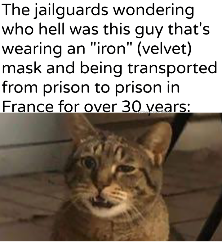 The jailguards wondering who hell was this guy that's wearing an "iron" (velvet) mask and being transported from prison to prison in France for over 30 years: u/Khantlerpartesar