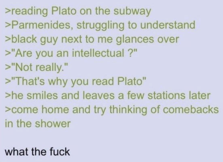 >reading Plato on the subway >Parmenides, struggling to understand >black guy next to me glances over >"Are you an intellectual?" >"Not really." >"That's why you read Plato" >he smiles and leaves a few stations later >come home and try thinking of comebacks in the shower what the f---