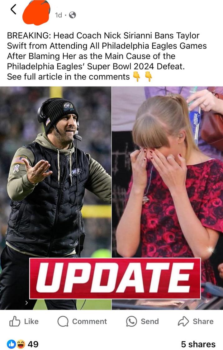 1d BREAKING: Head Coach Nick Sirianni Bans Taylor Swift from Attending All Philadelphia Eagles Games After Blaming Her as the Main Cause of the Philadelphia Eagles' Super Bowl 2024 Defeat. See full article in the comments 916W UPDATE Like Q Comment Send 23 49 Share 5 shares