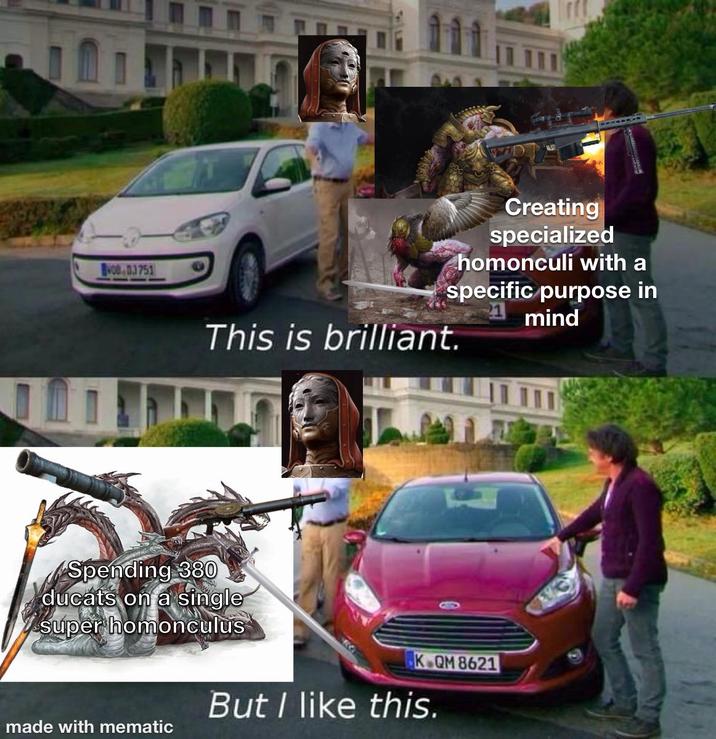 BOB 0.1751 Creating specialized homonculi with a specific purpose in 1mind This is brilliant. Spending 380 ducats on a single super homonculus K.QM 8621 But I like this. made with mematic