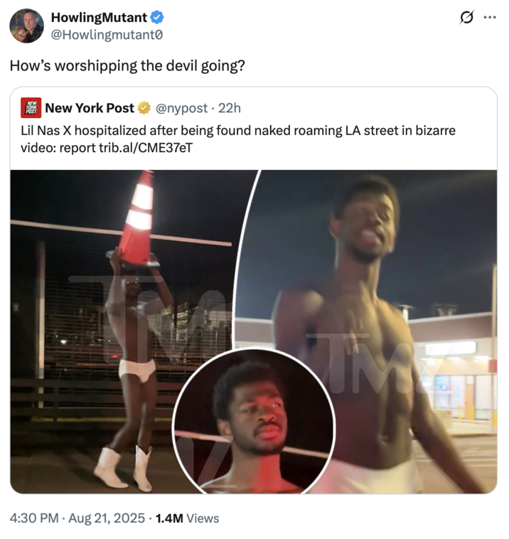 How’s worshipping the devil going? A "quote-tweet":https://knowyourmeme.com/memes/quote-retweets-qrts joking about "Lil Nas X":https://knowyourmeme.com/memes/people/lil-nas-x getting arrested and hospitalized in late August 2025, following a "viral video":https://knowyourmeme.com/memes/viral-videos of him walking down an LA street in underwear and cowboy boots.