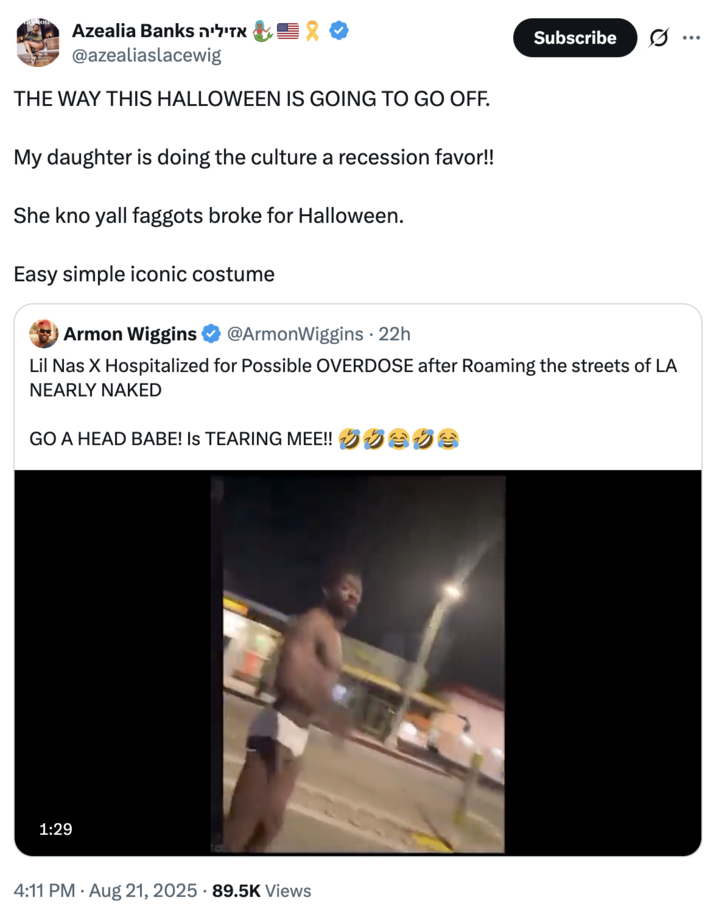 THE WAY THIS HALLOWEEN IS GOING TO GO OFF.  A "quote-tweet":https://knowyourmeme.com/memes/quote-retweets-qrts joking about "Lil Nas X":https://knowyourmeme.com/memes/people/lil-nas-x getting arrested and hospitalized in late August 2025, following a "viral video":https://knowyourmeme.com/memes/viral-videos of him walking down an LA street in underwear and cowboy boots.