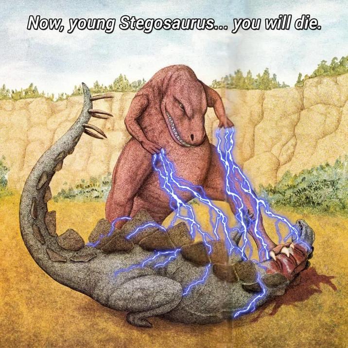 Tumblr page @thestomping-ground posting an illustration of a dinosaur zapping another scaly dinosaur with blue lightening on February 17th, 2024, alongside a caption that read, "And now young Stegosaurus, you will die." The caption referenced Emperor Palpatine's line from _Star Wars_, and the post gathered over 400 notes in a year. 