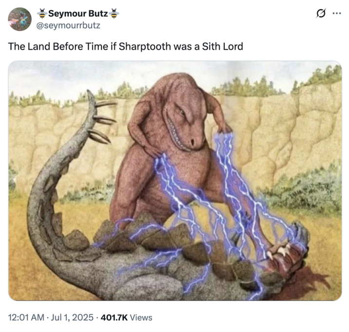 X user @seymourrbutz reposted the image of the dinosaur zapping another dinosaur with electricity with the caption, "The Land Before Time if Sharptooth was a Sith Lord," gathering over 16,000 likes in two months.