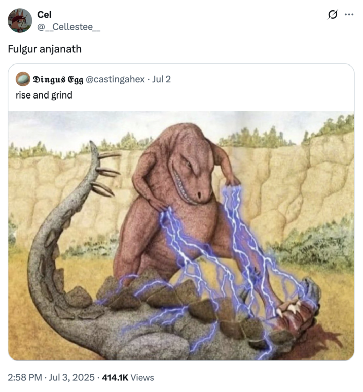 X user @__Cellestee__ tweeted, "fulgur anjanath" alongside a vintage paleo illustration of a dinosaur zapping another with blue lightning, in reference to a video game character from _Monster Hunter_. The post gathered over 20,000 likes in two months.