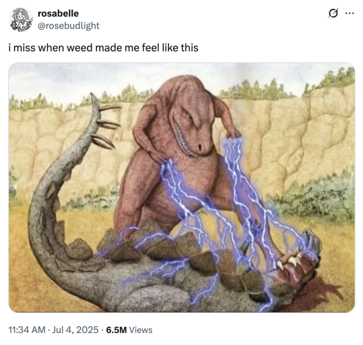 X user @rosebudlight posted an illustration of a dinosaur zapping another scaly dinosaur with blue lightening, writing, "I miss when weed made me feel like this," gathering over 150,000 likes in two months. 