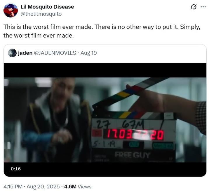 A tweet reading, "This is the worst film ever made. There is no other way to put it. Simply, the worst film ever made." The tweet references the film "Free Guy."
