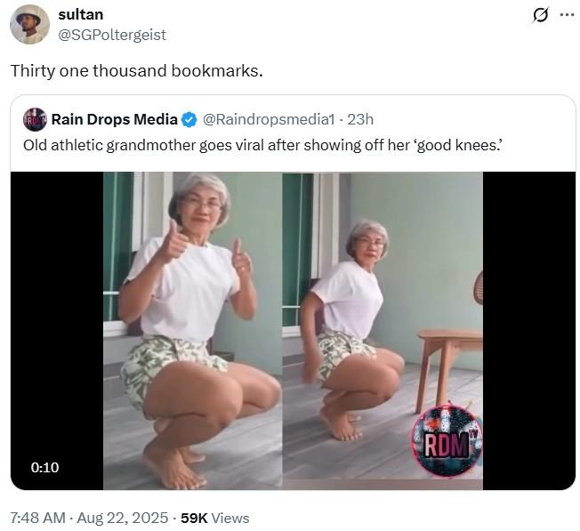 A post reading, "Thirty one thousand bookmarks." The post refers to the athletic grandma video.