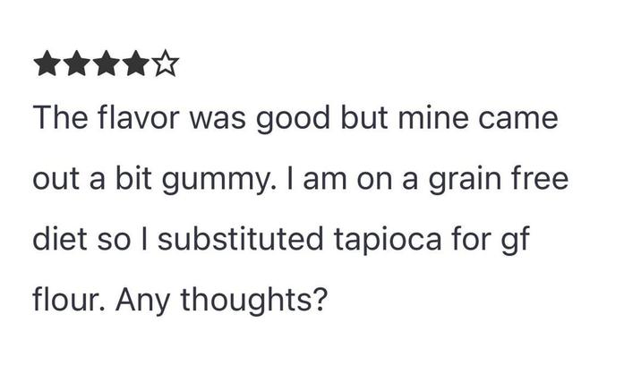 The flavor was good but mine came out a bit gummy. I am on a grain free diet so I substituted tapioca for gf flour. Any thoughts?