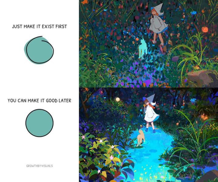 X user @MengxuanLiart posted artwork showing a rough and final draft of a girl in a pointed hat walking up a turquoise stream, gathering over 17,000 likes in two days.