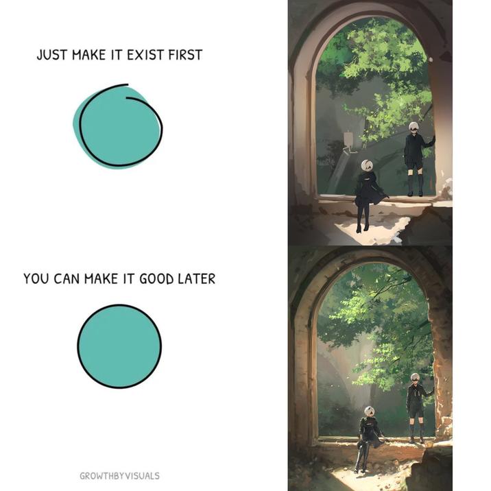 X user @yennyu_ tweeted artwork showing two figures dressed in black standing in a archway, gathering over 10,000 likes on a post captioned, "Just make it exist first, you can make it good later 🖤"