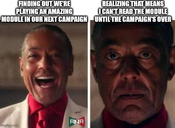 FINDING OUT WE'RE PLAYING AN AMAZING MODULE IN OUR NEXT CAMPAIGN REALIZING THAT MEANS I CAN'T READ THE MODULE UNTIL THE CAMPAIGN'S OVER RR imgflip.com