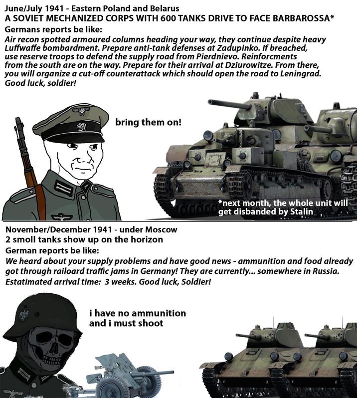June/July 1941 - Eastern Poland and Belarus A SOVIET MECHANIZED CORPS WITH 600 TANKS DRIVE TO FACE BARBAROSSA* Germans reports be like: Air recon spotted armoured columns heading your way, they continue despite heavy Luffwaffe bombardment. Prepare anti-tank defenses at Zadupinko. If breached, use reserve troops to defend the supply road from Pierdnievo. Reinforcments from the south are on the way. Prepare for their arrival at Dziurowitze. From there, you will organize a cut-off counterattack which should open the road to Leningrad. Good luck, soldier! bring them on! CILL الكيرية November/December 1941 - under Moscow 2 smoll tanks show up on the horizon German reports be like: 00000*next month, the whole unit will get disbanded by Stalin We heard about your supply problems and have good news - ammunition and food already got through railoard traffic jams in Germany! They are currently... somewhere in Russia. Estatimated arrival time: 3 weeks. Good luck, Soldier! i have no ammunition and i must shoot