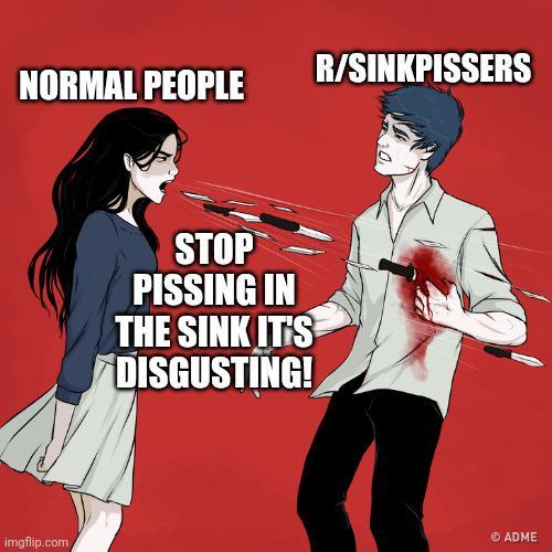 R/SINKPISSERS NORMAL PEOPLE imgflip.com STOP PISSING IN THE SINK IT'S DISGUSTING! ©ADME