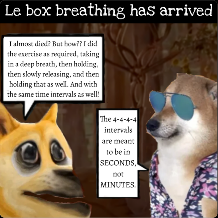 Le box breathing has arrived I almost died? But how?? I did the exercise as required, taking in a deep breath, then holding, then slowly releasing, and then holding that as well. And with the same time intervals as well! The 4-4-4-4 intervals are meant to be in SECONDS, not MINUTES.
