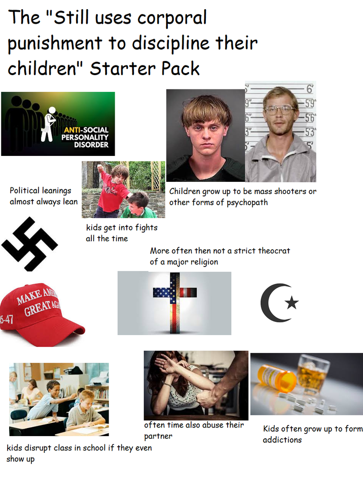 The "Still uses corporal punishment to discipline their children" Starter Pack החחחח ANTI-SOCIAL PERSONALITY DISORDER Political leanings almost always lean kids get into fights 卐 5-47 MAKE AND GREAT AG -5'9" Cll -5'6" -5'3" 5' Children grow up to be mass shooters or other forms of psychopath all the time More often then not a strict theocrat of a major religion + often time also abuse their partner Kids often grow up to form addictions kids disrupt class in school if they even show up