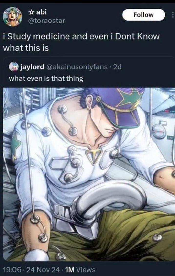 ☆ abi @toraostar Follow i Study medicine and even i Dont Know what this is jaylord @akainusonlyfans. 2d what even is that thing 19:06 - 24 Nov 24.1M Views