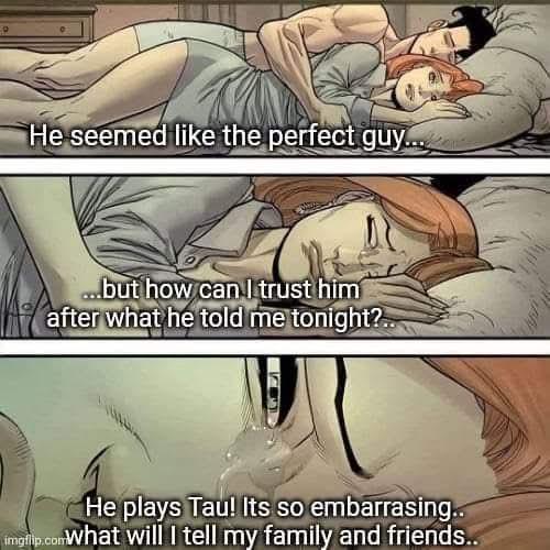 He seemed like the perfect guy... ...but how can I trust him after what he told me tonight?.. He plays Tau! Its so embarrasing.. imgflip.comWhat will I tell my family and friends..