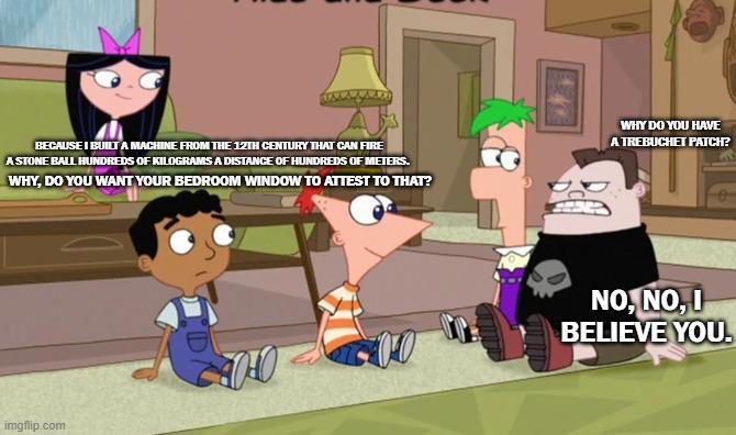 BECAUSE I BUILT A MACHINE FROM THE 12TH CENTURY THAT CAN FIRE A STONE BALL HUNDREDS OF KILOGRAMS A DISTANCE OF HUNDREDS OF METERS. WHY, DO YOU WANT YOUR BEDROOM WINDOW TO ATTEST TO THAT? WHY DO YOU HAVE A TREBUCHET PATCH? imgflip.com 00 NO, NO, I BELIEVE YOU.