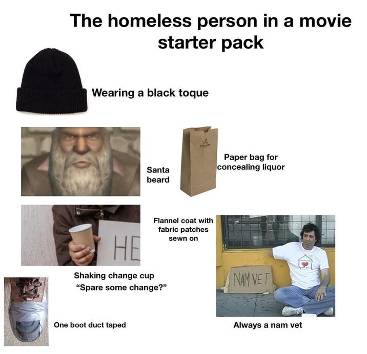 The homeless person in a movie starter pack Wearing a black toque Santa beard Paper bag for concealing liquor HE Shaking change cup Flannel coat with fabric patches "Spare some change?" sewn on One boot duct taped NAM VET Always a nam vet