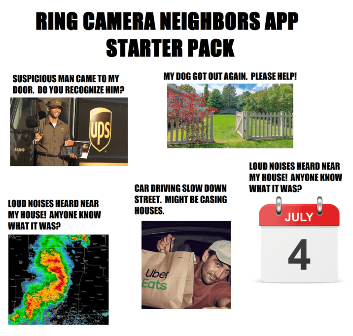RING CAMERA NEIGHBORS APP STARTER PACK SUSPICIOUS MAN CAME TO MY DOOR. DO YOU RECOGNIZE HIM? MY DOG GOT OUT AGAIN. PLEASE HELP! 653019 ups LOUD NOISES HEARD NEAR MY HOUSE! ANYONE KNOW WHAT IT WAS? CAR DRIVING SLOW DOWN STREET. MIGHT BE CASING HOUSES. LOUD NOISES HEARD NEAR MY HOUSE! ANYONE KNOW WHAT IT WAS? JULY 4 Uber Eats