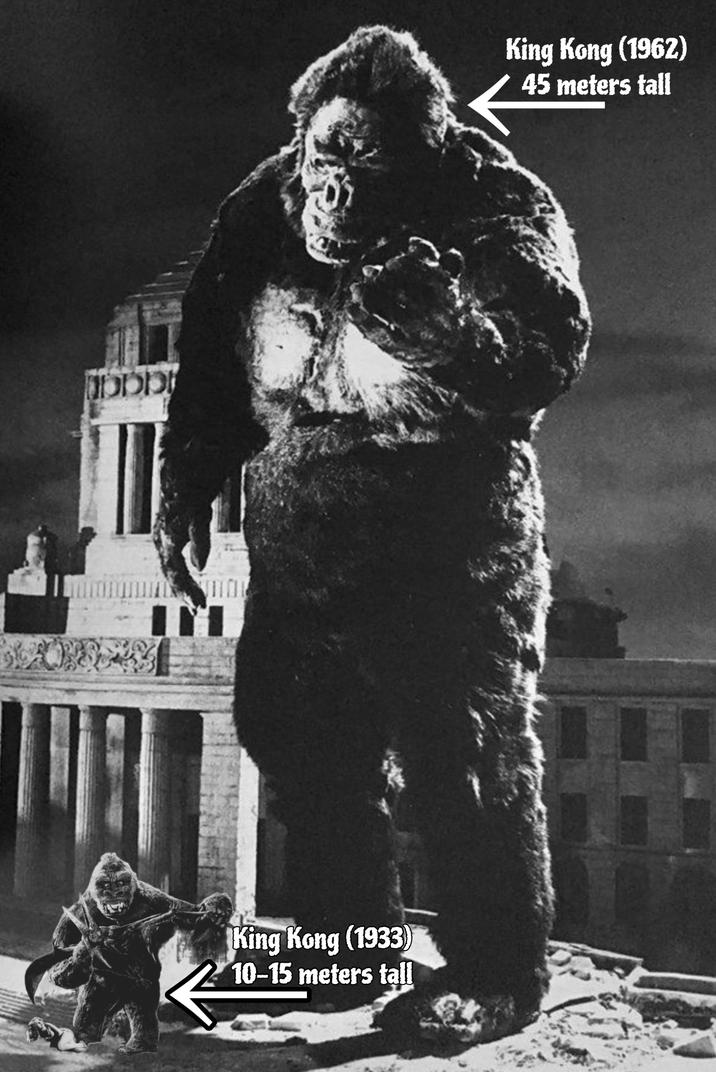 DDD King Kong (1933) 10-15 meters tall King Kong (1962) 45 meters tall