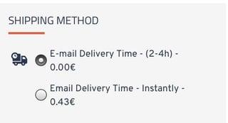 SHIPPING METHOD ge E-mail Delivery Time - (2-4h) - 0.00€ Email Delivery Time - Instantly - 0.43€