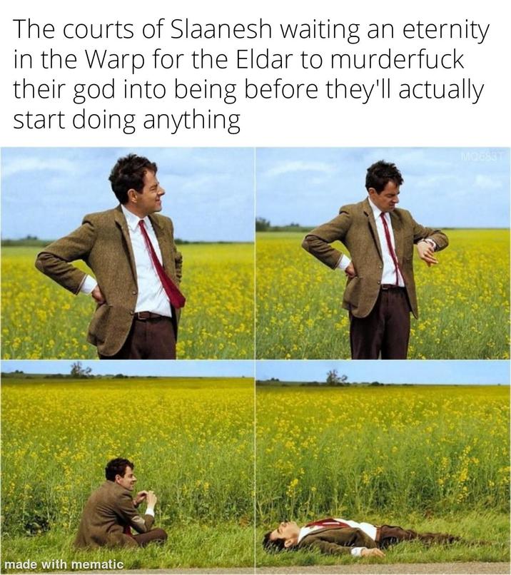 The courts of Slaanesh waiting an eternity. in the Warp for the Eldar to murderfuck their god into being before they'll actually start doing anything made with mematic MQ683T
