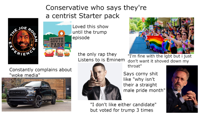 THE JOE ROGAN Conservative who says they're a centrist Starter pack Loved this show until the trump episode TOMS RHIN SOUTH PARK 64201 APERIENCE Constantly complains about "woke media" RAM the only rap they Listens to is Eminem "I'm fine with the lgbt but i just don't want it shoved down my throat" Says corny s--- like "why isn't their a straight male pride month" "I don't like either candidate" but voted for trump 3 times