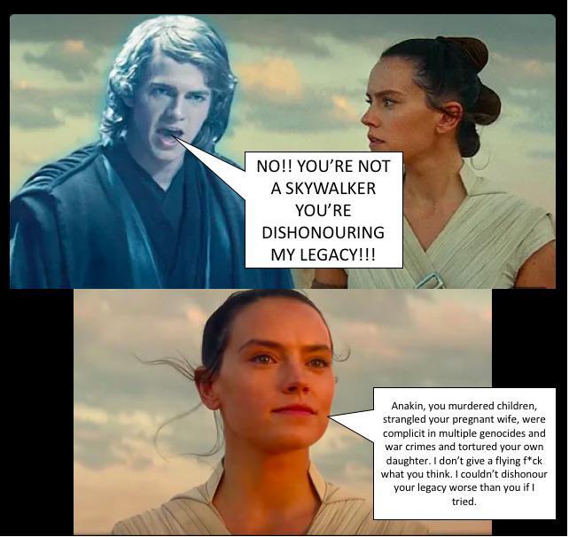 NO!! YOU'RE NOT A SKYWALKER YOU'RE DISHONOURING MY LEGACY!!! Anakin, you murdered children, strangled your pregnant wife, were complicit in multiple genocides and war crimes and tortured your own daughter. I don't give a flying f*ck what you think. I couldn't dishonour your legacy worse than you if I tried.