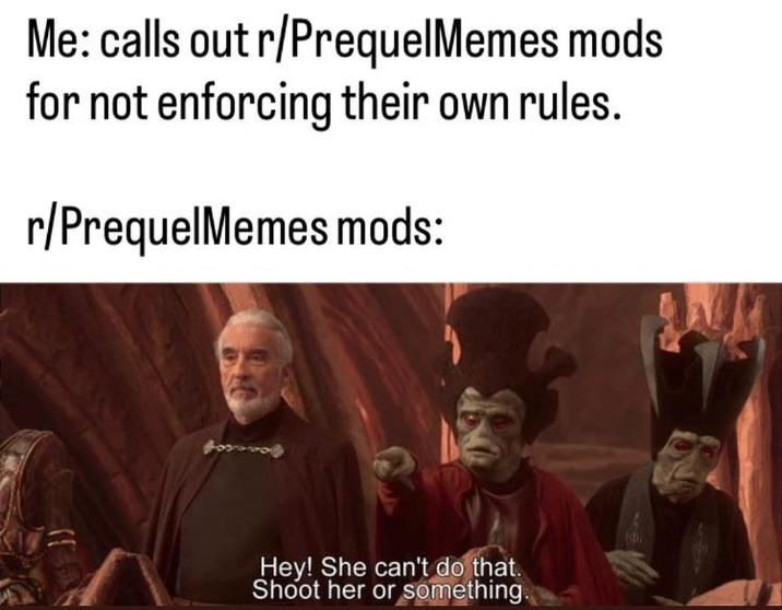Me: calls out r/PrequelMemes mods for not enforcing their own rules. r/PrequelMemes mods: Hey! She can't do that. Shoot her or something.