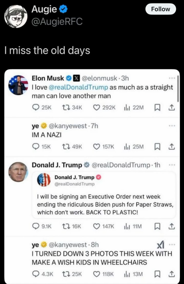 Augie ❤ @Augie RFC I miss the old days Follow Elon Musk ❤ @elonmusk. 3h X I love @realDonaldTrump as much as a straight man can love another man 25K 34K 292K 22M 22M ye @kanyewest .7h IM A NAZI 15K 149K 157K 25M 1 Donald J. Trump @realDonaldTrump. 1h Donald J. Trump @realDonaldTrump I will be signing an Executive Order next week ending the ridiculous Biden push for Paper Straws, which don't work. BACK TO PLASTIC! ye 9.1K 16K @kanyewest. 8h 147K 11M 口↑ x1 I TURNED DOWN 3 PHOTOS THIS WEEK WITH MAKE A WISH KIDS IN WHEELCHAIRS 4.3K t25K 118K Il 13M