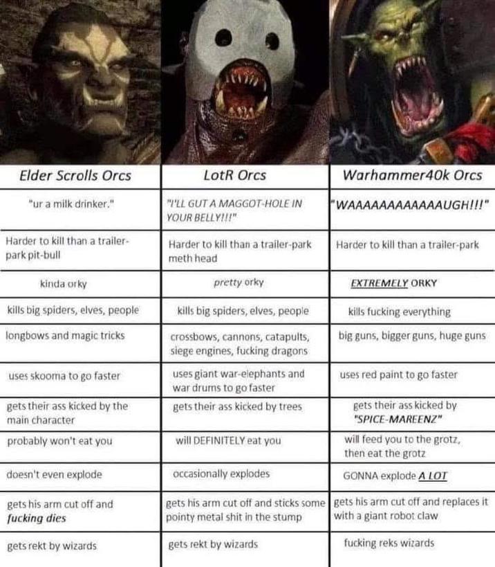 Elder Scrolls Orcs "ur a milk drinker." Harder to kill than a trailer- park pit-bull kinda orky kills big spiders, elves, people longbows and magic tricks uses skooma to go faster gets their ass kicked by the main character probably won't eat you doesn't even explode gets his arm cut off and f------ dies gets rekt by wizards LotR Orcs "I'LL GUT A MAGGOT-HOLE IN YOUR BELLY!!!" Harder to kill than a trailer-park meth head pretty orky kills big spiders, elves, people crossbows, cannons, catapults, siege engines, f------ dragons uses giant war-elephants and war drums to go faster gets their ass kicked by trees will DEFINITELY eat you occasionally explodes gets his arm cut off and sticks some pointy metal s--- in the stump gets rekt by wizards Warhammer40k Orcs "WAAAAAAAAAAAAUGH!!!" Harder to kill than a trailer-park EXTREMELY ORKY kills f------ everything big guns, bigger guns, huge guns uses red paint to go faster gets their ass kicked by "SPICE-MAREENZ" will feed you to the grotz, then eat the grotz GONNA explode A LOT gets his arm cut off and replaces it with a giant robot claw f------ reks wizards