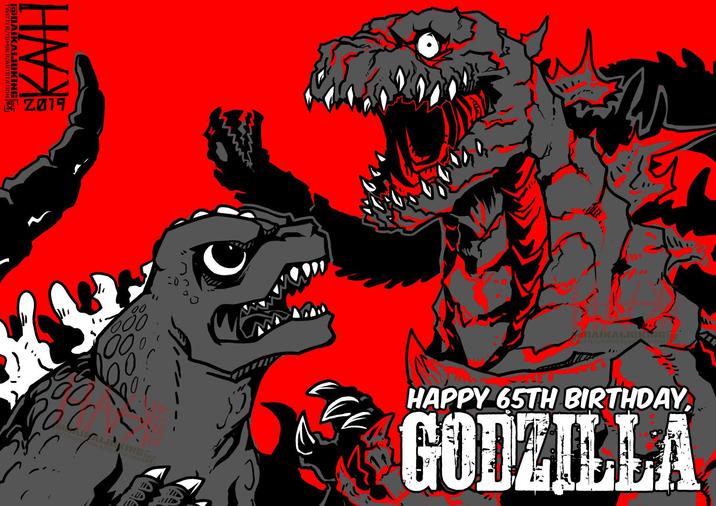 @DAIKAIJUKINGSF KAH 2019 00 7000 00 MBLR/ART 1 ta MAIKALININGST TWITTER/TUMBLR/A HAPPY 65TH BIRTHDAY GODZILLA