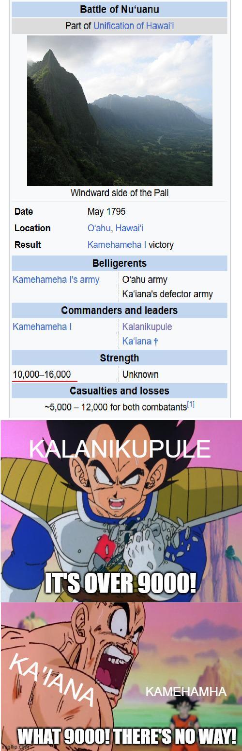 Date Location Result Battle of Nu'uanu Part of Unification of Hawai'i Windward side of the Pall May 1795 O'ahu, Hawai'i Kamehameha I victory Belligerents Kamehameha I's army O'ahu army Ka'iana's defector army Commanders and leaders Kamehameha I Kalanikupule Ka'iana + Strength 10,000-16,000 Unknown Casualties and losses -5,000 12,000 for both combatants[1] KALANIKUPULE IT'S OVER 9000! KA'IANA KAMEHAMHA WHAT 9000! THERE'S NO WAY!