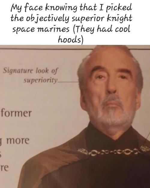 My face knowing that I picked the objectively superior knight space marines (They had cool hoods) Signature look of superiority. former gmore 5 re