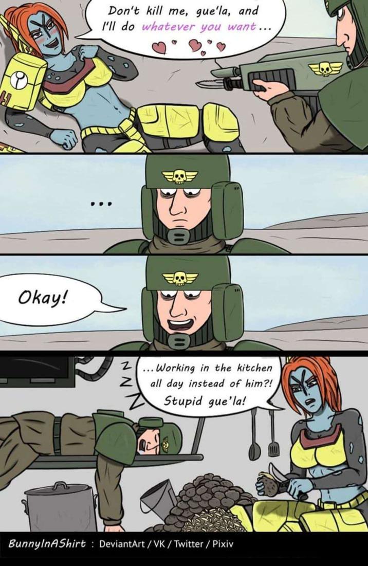 Okay! Don't kill me, gue'la, and I'll do whatever you want... Z Z... Working in the kitchen all day instead of him?! Stupid gue'la! BunnylnAShirt DeviantArt /VK/Twitter/Pixiv