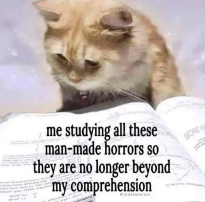me studying all these man-made horrors so they are no longer beyond my comprehension Diamthatwitch